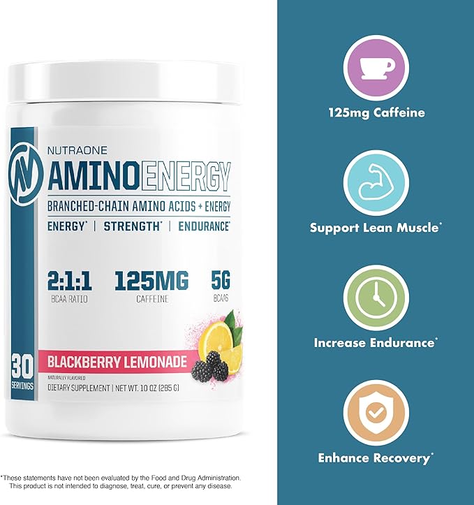 NutraOne Amino Energy BCAA Powder Pre-Workout Supplement with Caffeine Branched Chain Amino Acids to Help Fuel and Recover* (BlackBerry Lemonade - 30 Servings)