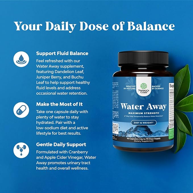 Water Away Pills Maximum Strength - Herbal Diuretic Pills for Water Retention for Fast Acting Bloating Relief for Women and Men - Easy To Take Water Retention Pills for Women and Men - 60 Servings