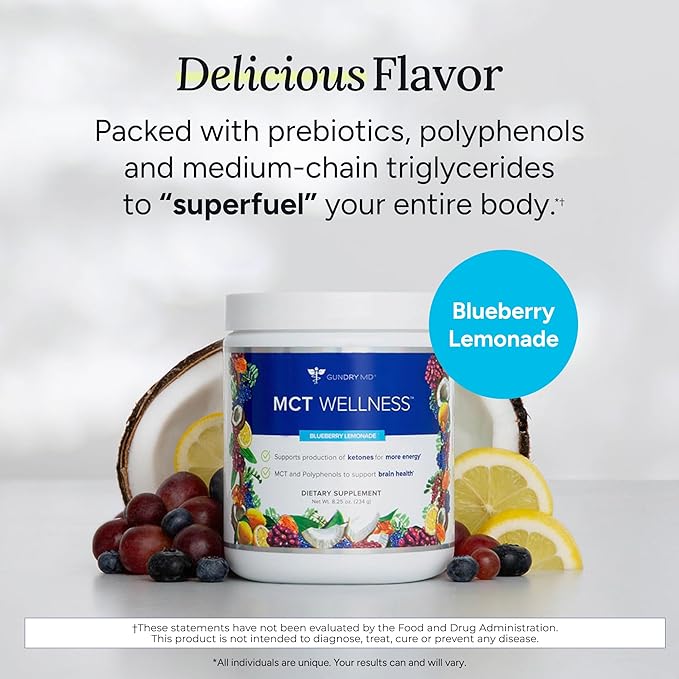 Gundry MD MCT Wellness Powder to Support Energy, Ketone Production and Brain Health, Keto Friendly, Sugar Free (30 Servings) (Blueberry Lemonade)