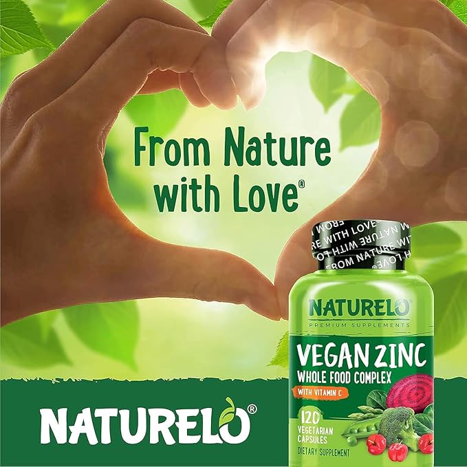 NATURELO Vegan Zinc Whole Food Complex Supplement with Vitamin C for Immune Support and Healthy Skin, Hair, and Nails - 120 Capsules