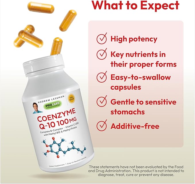 Andrew Lessman Coenzyme Q-10 100 mg 180 Capsules – Essential for Energy Production and Optimum Key Organ Function, Anti-Oxidant Support, Depleted by Aging, Plus B-Complex. Easy to Swallow Capsules