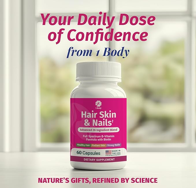 1 Body Hair Skin and Nails Vitamins with Biotin – Contains 26 Vitamins, Minerals and Herb Extracts – Hair and Nail Growth, Glowing Skin Supplements Formula for Men and Women – 60 Vegan Capsules