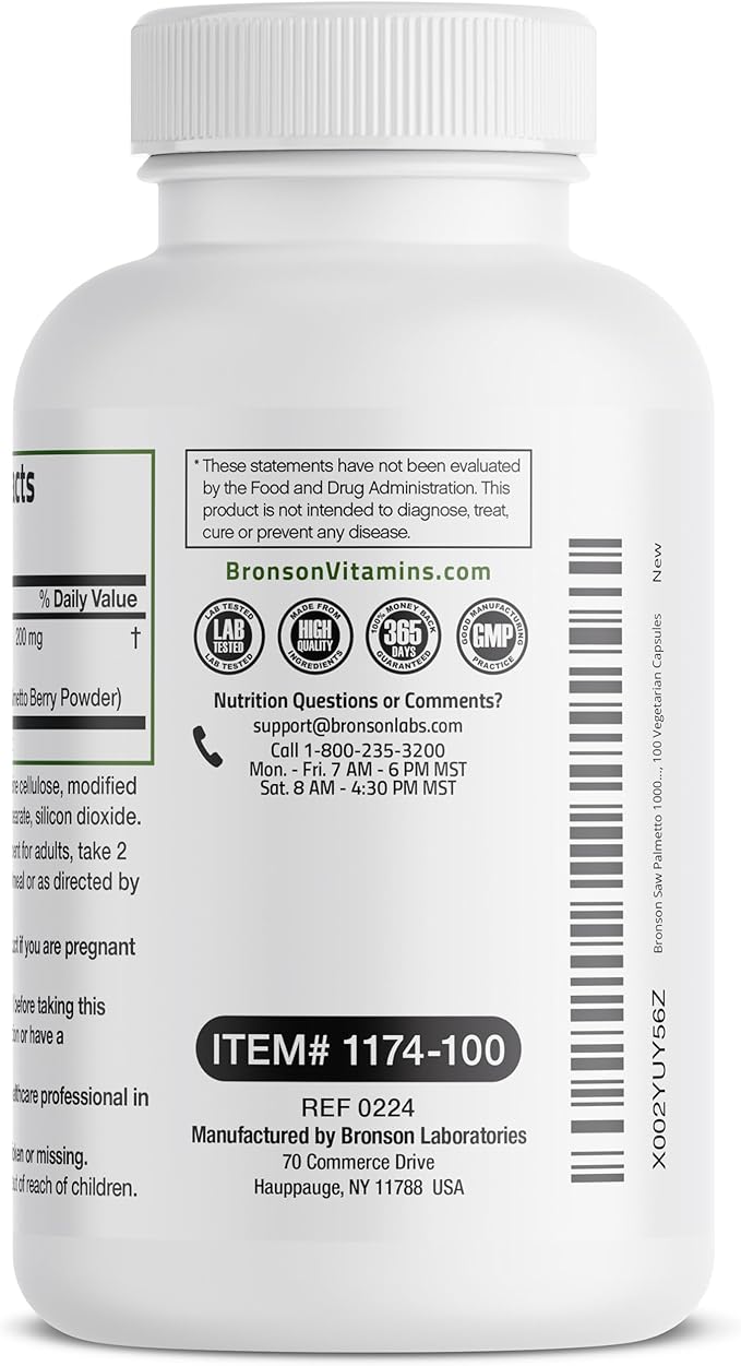 Bronson Saw Palmetto Extra Strength Supports Healthy Prostate Function & Urinary Health Support - Non GMO, 100 Vegetarian Capsules