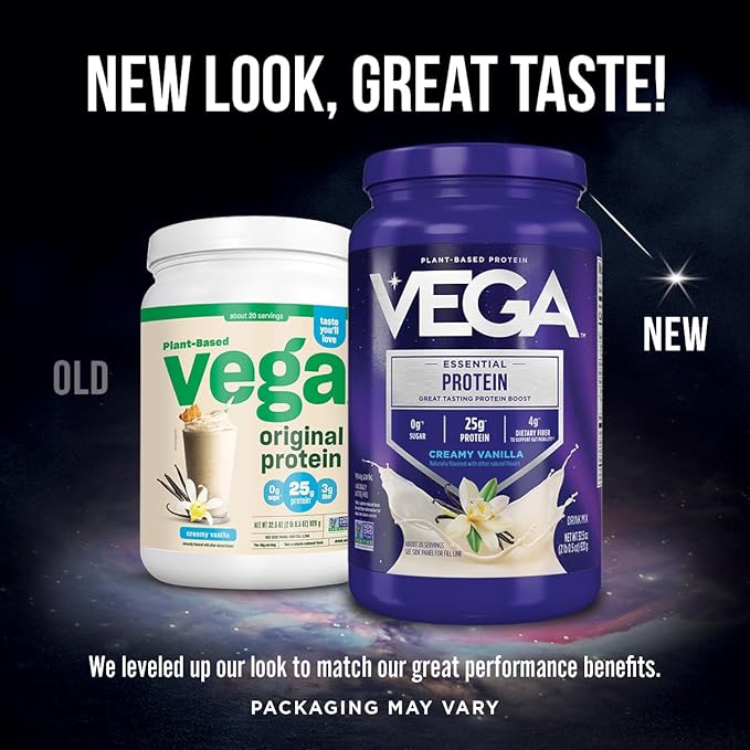 Vega Original Protein Powder, Creamy Vanilla Plant Based Protein Drink Mix for Water, Milk and Smoothies, 32.5 oz (Packaging May Vary)