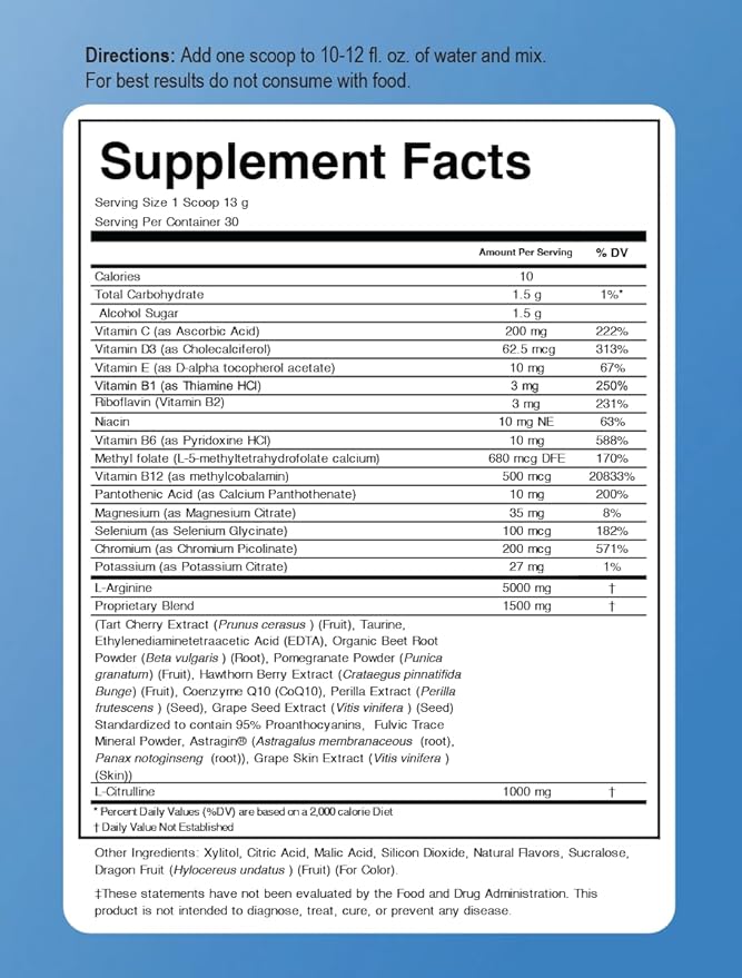 L-arginine 5000 mg and L-citrulline 1000 mg Combo, Nitric Oxide Supplement Complex, Cardio Heart Health Powder, Mixed Berry Flavor, 16.82 Oz..