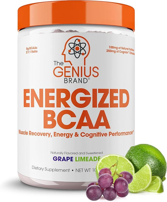 Genius BCAA Energy Powder, Grape Limeade - Nootropic Amino Acids & Muscle Recovery - Natural Vegan BCAAs Workout Supplement for Women & Men (Pre, Intra & Post Workout) - No Artificial Sweeteners