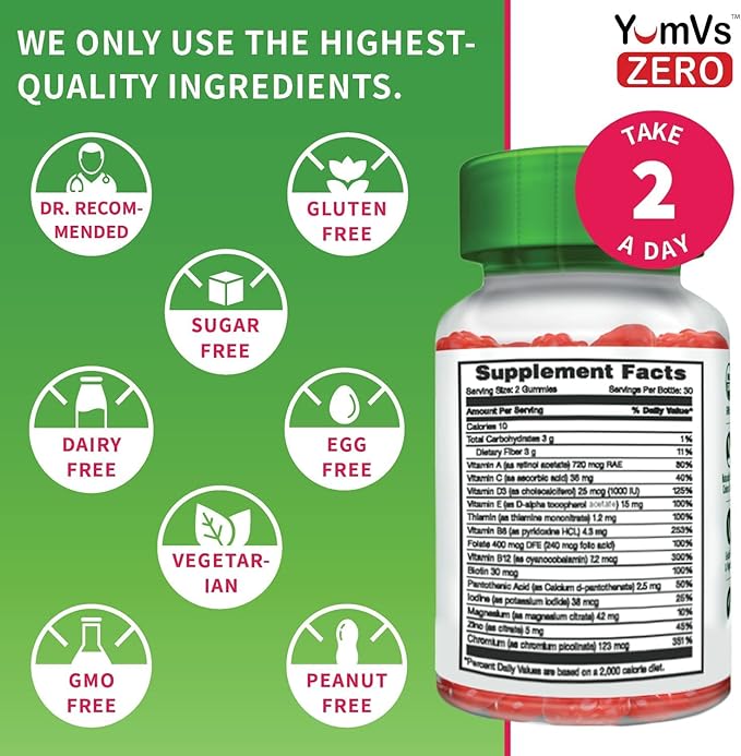 YumVs Multivitamin Gummies | Sugar Free Supplement Vitamins for Women & Men | Chromium, Thiamine and Magnesium | Natural Raspberry Flavor Chewables - 60 Count - (Pack of 2)