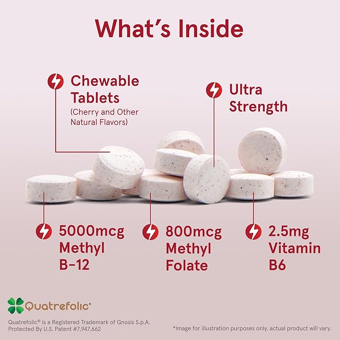 Jarrow Formulas Ultra Strength Methyl B-12 5000 mcg & Methyl Folate 800 mcg + P-5-P, Dietary Supplement for Cellular Energy Metabolism and Cardiovascular Support, 60 Chewable Tablets, 60 Day Supply