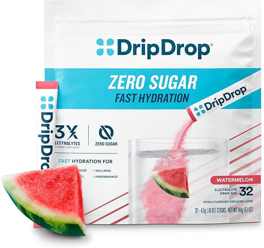 DripDrop Hydration - Zero Sugar Watermelon - Electrolyte Drink Mix Single Serve Hydration Powder Packets | Non-GMO, Gluten Free, Vegan | 32 Sticks