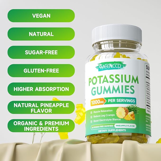 Potassium Citrate Gummies 1000mg, High Potency Potassium Supplement Gummies for Adults Women & Men, Potassium Gummies Support Leg Cramps & Muscle Health, Sugar-Free, Pineapple Flavor, 120 Count