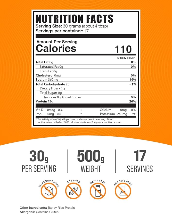 BulkSupplements.com Barley Rice Protein Powder - Vegan Protein Powder, Unflavored Protein Powder - Dairy Free Protein Source, 30g per Serving, 500g (1.1 lbs) (Pack of 1)