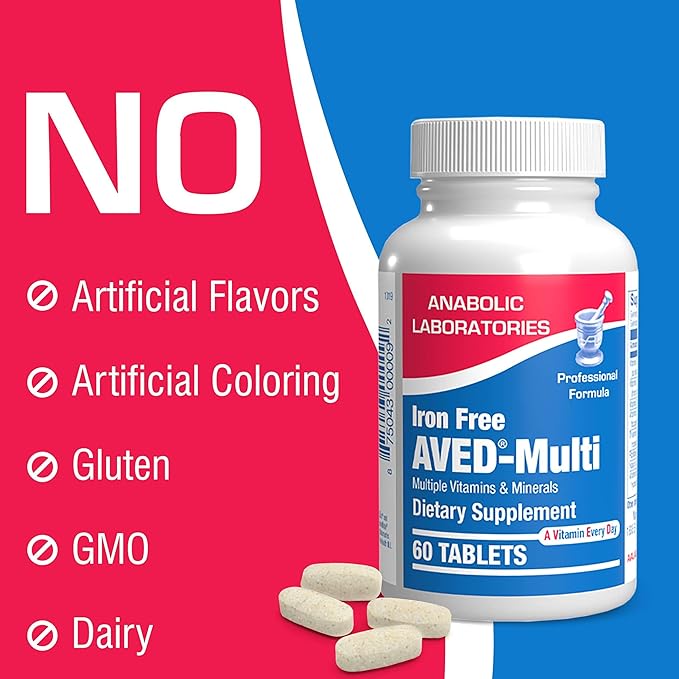 Iron Free Daily Multivitamin for Men and Women, 120 Tablets - AVED Daily Multi Vitamin and Minerals Health Supplement - Vitamins A, C, D, E, Vitamin B Complex, Zinc, Calcium, Magnesium, More
