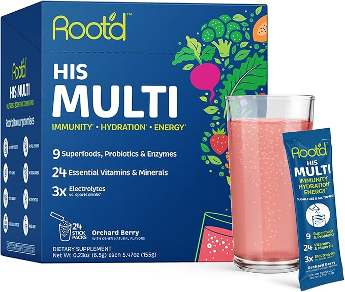 Root'd Multivitamin Powder with 3X Electrolytes for Men - 24 Vitamins & Minerals, 3X Electrolytes, 9 Organic Superfoods, Probiotics & Enzymes, Sugar-Free Multivitamin & Hydration | 24 Packets