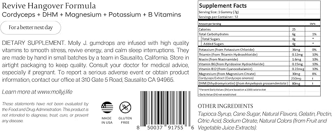 Molly J. Revive Post-Celebration Wellness Gumdrops – Cordyceps & DHM to Replenish and Rejuvenate – Plant-Powered Gummies in a Luxury Gift Box – Pack of 12 Gumdrops