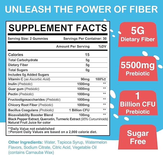Fiber Gummies for Adults, Fiber Gummies for Women & Men, Fiber Gummies for Regularity, Digestion & Gut Health, 5 Prebiotics Complex, Inulin, Fos, Chicory Root - Fiber 5g, Sugar Free, 5 Packs