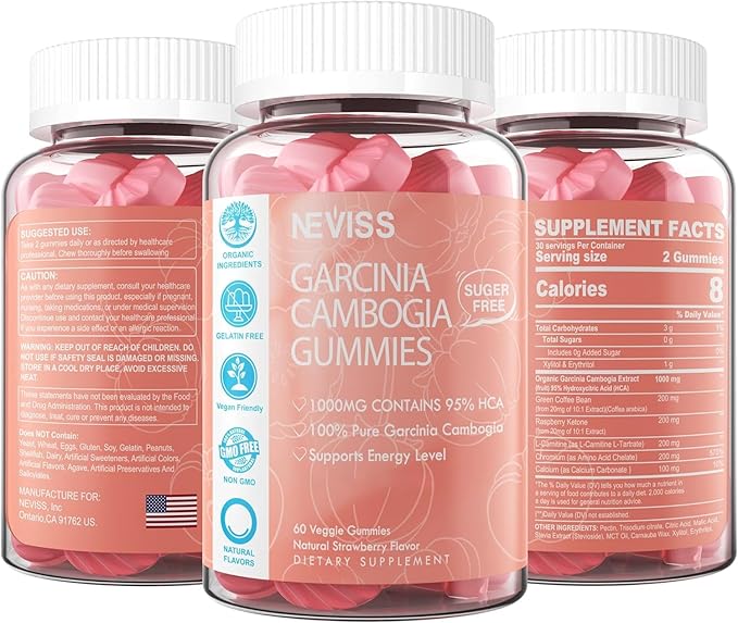 Sugar Free Garcinia Cambogia Gummies 1000mg 95% HCA with L-Carnitine, Raspberry Ketone, Chromium, Green Coffee Bean for Metabolism, Energy Boost, 100% Organic Extract, Vegan, Strawberry Flavor 120 Cts