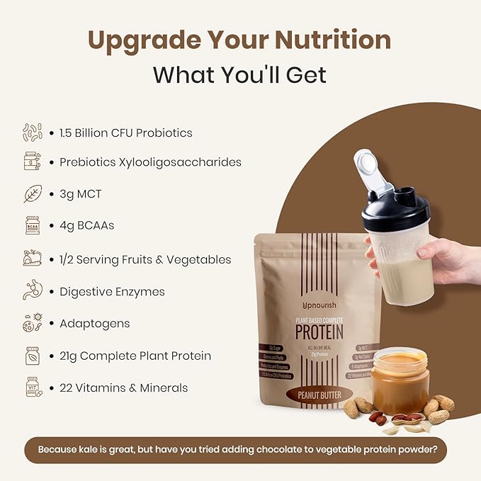 UpNourish Peanut Butter Vegan Protein Powder 54 Superfoods Powder,1.5 Billion CFU Probiotics 21g Plant Based Protein,No Sugar No Dairy No GMO Dairy Free,Meal Replacement Shake Keto-Friendly Low-Carb Diet,15 Servings