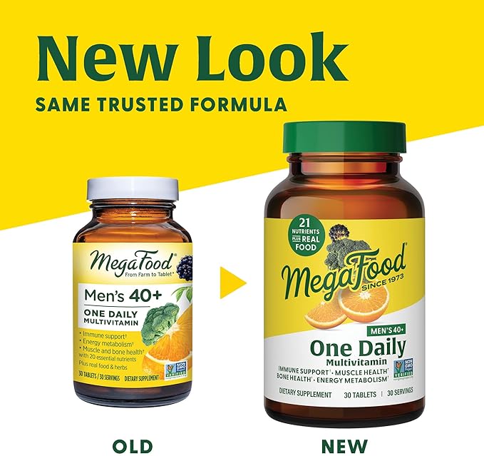 MegaFood Men's 40+ One Daily Multivitamin for Men with Vitamin B, Vitamin D3, Selenium, Zinc & Real Food - Immune Support, Energy Metabolism, and Muscle & Bone Health – Non GMO; Vegetarian - 60 Tabs