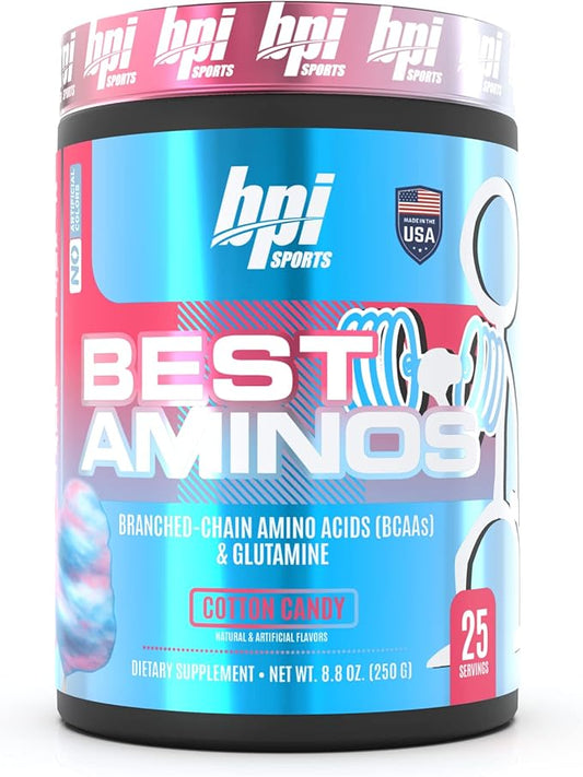 BPI Sports Best Aminos - BCAA Powder Post Workout & Glutamine Recovery Drink with Branched Chain Amino Acids for Hydration & Recovery, for Men & Women - Cotton Candy - 25 Servings