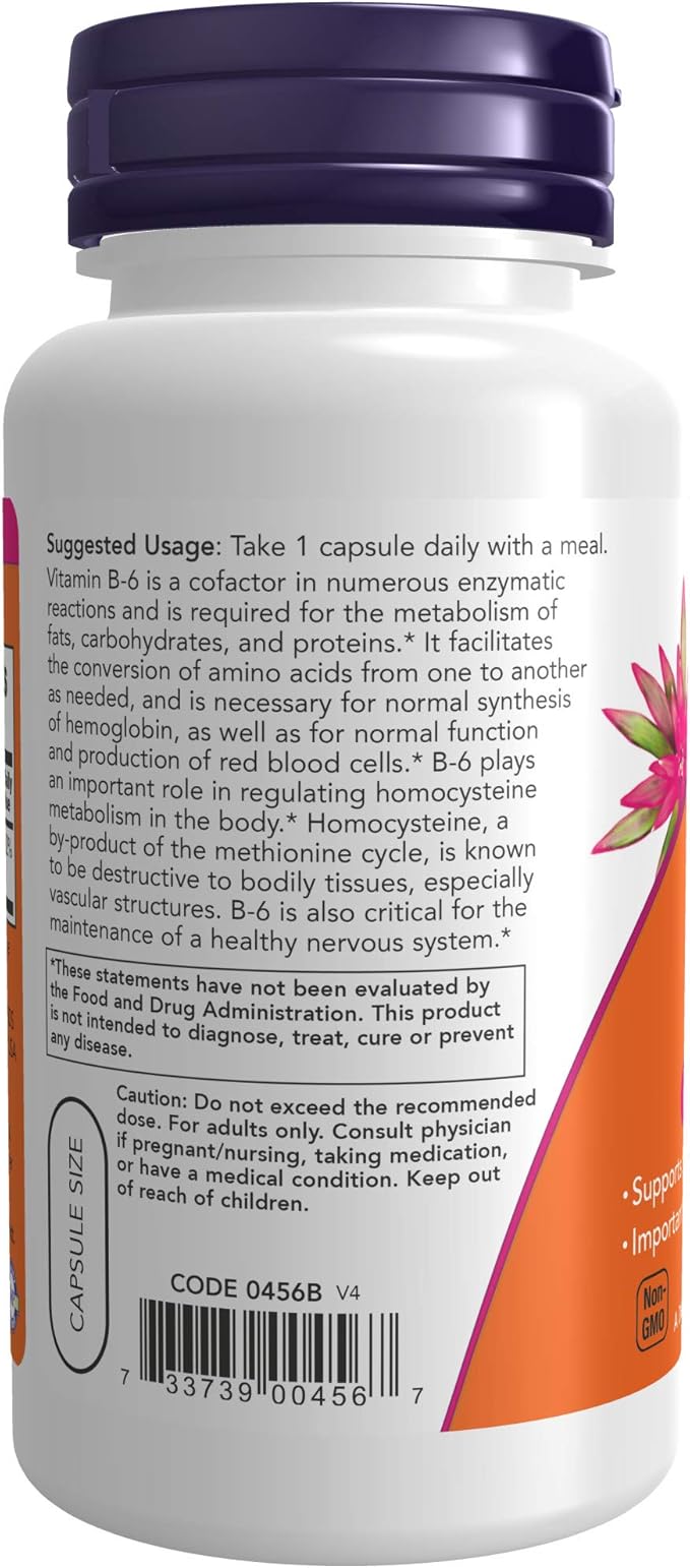 NOW Supplements, Vitamin B-6 (Pyridoxine HCl) 100 mg, Cardiovascular Health*, 100 Veg Capsules (Pack of 2)