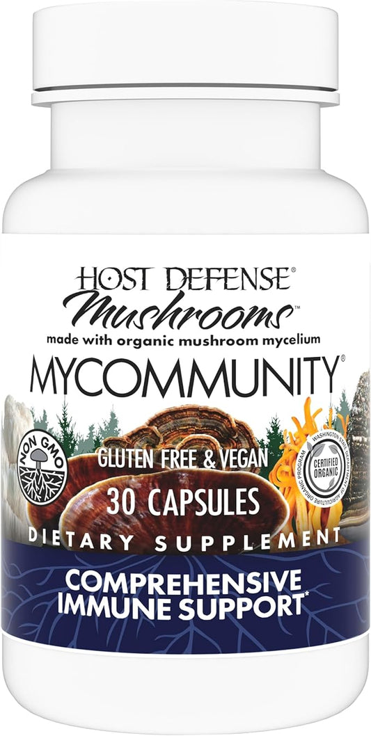 Host Defense MyCommunity Capsules - 17 Species Blend Mushroom Supplement for Immune Support - Herbal Aid with Lion's Mane, Reishi, Chaga, Cordyceps, Turkey Tail & More - 30 Capsules (15 Servings)*
