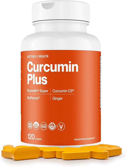 Better Way Health Curcumin Plus - Curcumin C3® Complex + Boswellin® Super + BioPerine® + Ginger - 120 Caplets