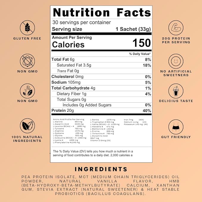 Vegan Protein Powder by TASHIE - Organic Plant Based Protein Powder with BCAA, HMB & Probiotics, Zero Sugar, Non-GMO, Gluten Free, NSF Certified, 28 Servings - Coconut Protein Powder