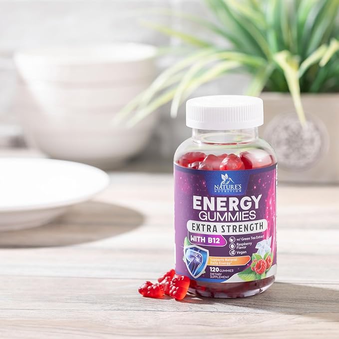 Energy Gummies Vitamin B12, Green Tea Natural Caffeine Support, Extra Strength 1000 mcg Daily Energy Vitamins, Delicious Berry Flavor Gluten Free Chewable Supplement for Cycling & Running - 120 Chews