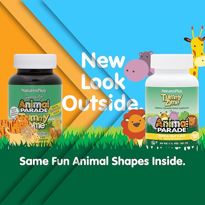 Natures Plus Animal Parade Source of Life Children's Chewable Digestive Aid - Tropical Fruit Flavor - 90 Animal Shaped Tablets - Contains Live Probiotics - Vegetarian, Gluten-Free - 90 Servings