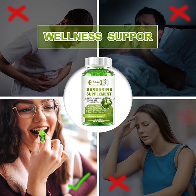Sugar-Free Berberine Supplement Gummies, Original Berberine HCL 1500mg with Ceylon Cinnamon, Quercetin, Multivitamin, Support Immune & Gastrointestinal Function & Metabolism for Women & Men