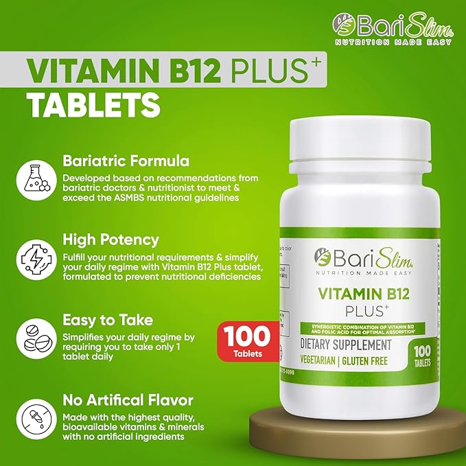 BariSlim Vitamin B12 Plus Tablets - Bariatric Formulated for Post Weight Loss Surgery, Including Gastric Bypass & Gastric Sleeve - Supports Energy Levels & Overall Health | Cherry Flavor
