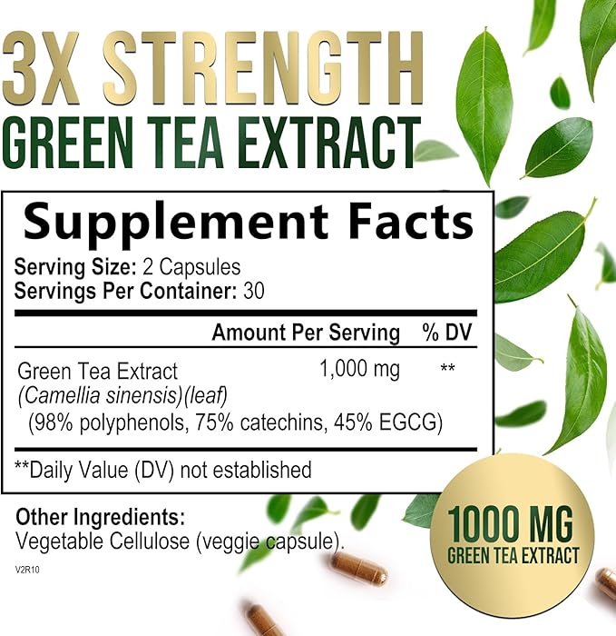 Green Tea Extract Capsules 1000mg 98% Standardized EGCG - 3X Strength for Natural Energy - Heart Support with Polyphenols - Gentle Caffeine - 60 Capsules