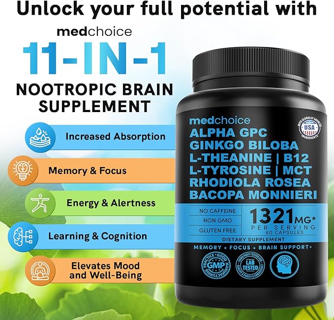 11-in-1 Nootropic Brain Supplements: Memory & Focus Supplement with Ginkgo Biloba, L Theanine, Bioperine, & Alpha GPC Choline - 1321mg, 60ct - Stimulant Free, Vegan - Focus Brain Support (3 pack)