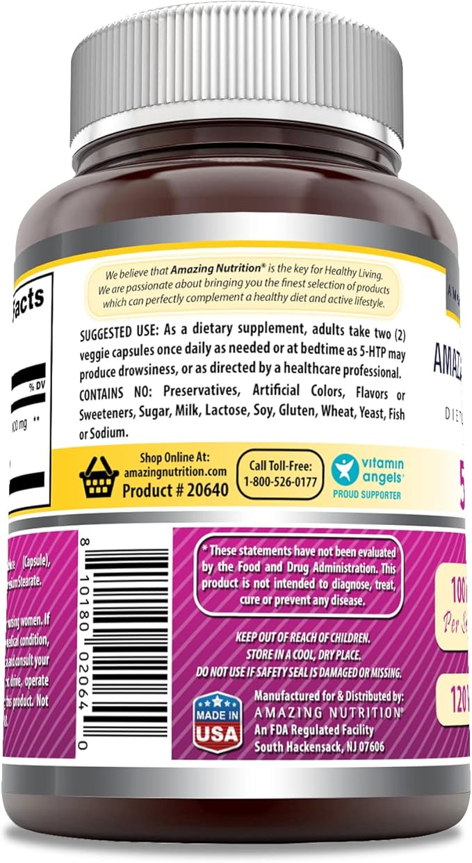 Amazing Formulas 5-HTP (Hydroxytryptophan) Supplement | 100 Mg Per Serving | Veggie Capsules | Non-GMO | Gluten Free | Made in USA (1 Pack, 120 Count)