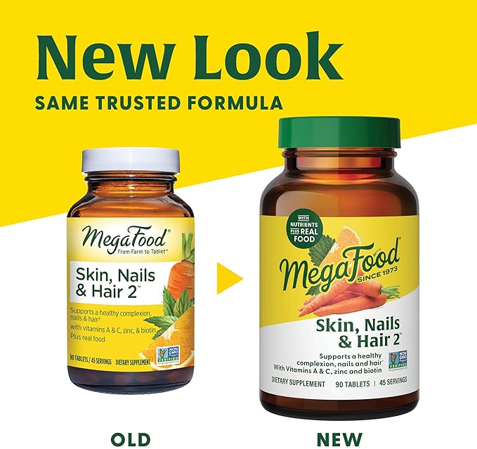 MegaFood Skin, Nails & Hair 2 - Vitamins for Women & Men - Biotin, Vitamin A, Vitamin C, Zinc, Vitamin B6, Vitamin E, Pantothenic Acid - Vegan - Made Without 9 Food Allergens - 60 Tabs (30 Servings)