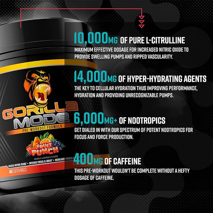 Gorilla Mode Pre Workout - Massive Pumps · Laser Focus · Energy · Power - L-Citrulline, Creatine, L-Tyrosine, Betaine, Hydroprime®, Alpha-GPC, 400mg Caffeine, Huperzine A - 800g (Watermelon)
