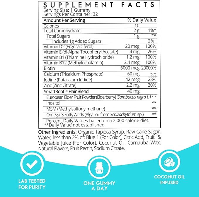 Sugarbear Hair Vitamin Gummy 1 Month Supply Extra Strength Biotin 6000mcg, Growth for Men & Women, Vegan Vitamin B12, MSM, Inositol, Omega 3, Elderberry, Certified Kosher, Halal, Cruelty-Free