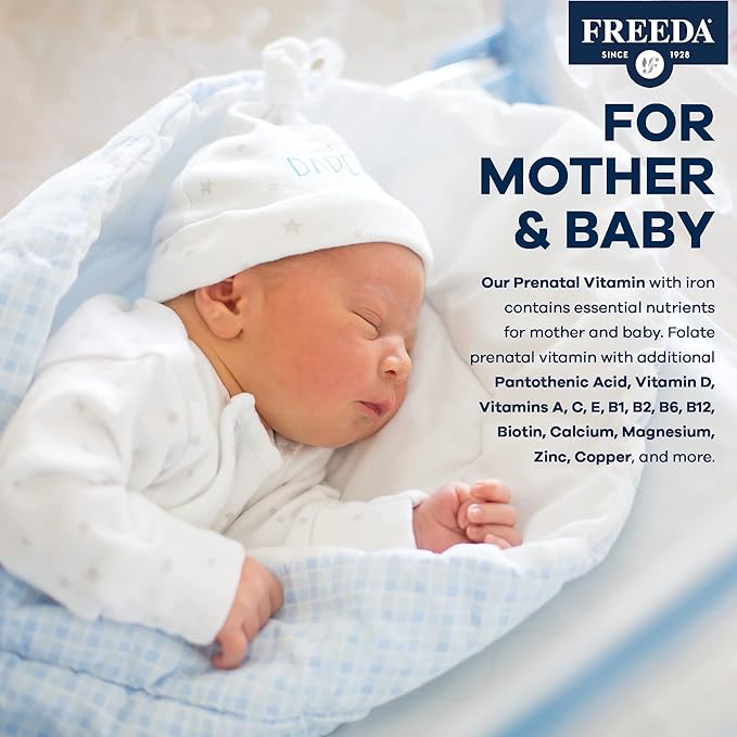 FREEDA Prenatal Vitamin - Kosher Prenatals - Prenatal Vitamins with Iron, Prenatal Folic Acid, Choline, Vitamin D - One Daily Pre Natal Multivitamin Support for Pregnant & Lactating Women (100)