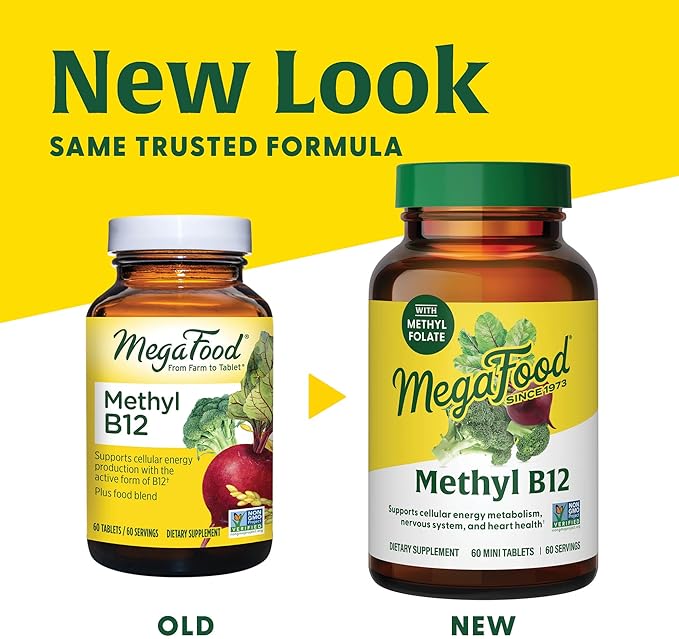 MegaFood Methyl B12 - Vegan - Includes Methyl Folate, Vitamin B12 & B6 - Supports Cellular Energy Production, Nervous System Health & Cardiovascular Function - 60 Tablets