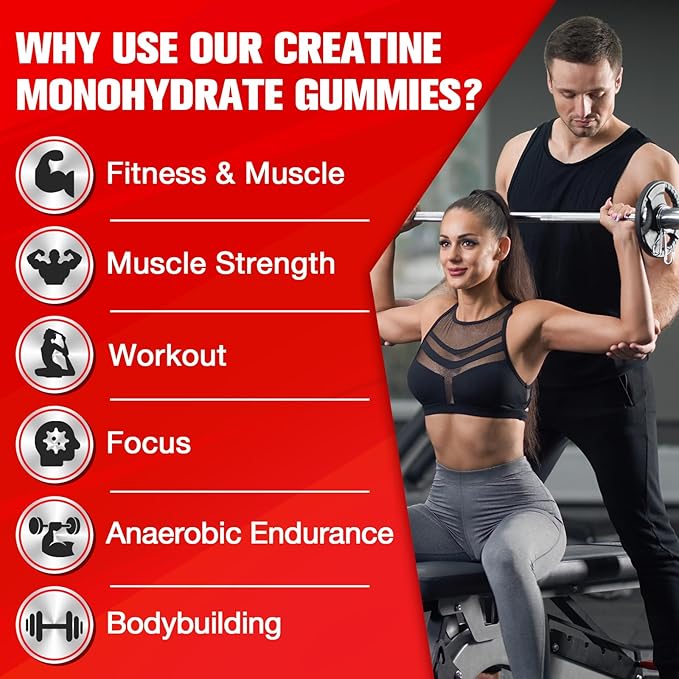 Creatine Monohydrate Gummies for Men & Women - 5000mg Creatine Pre-Workout Gummies with Taurine & Vitamin B6 B12 for Maximum Strength, Muscle, Energy, Endurance & Focus, Organic,Vegan-120 Count