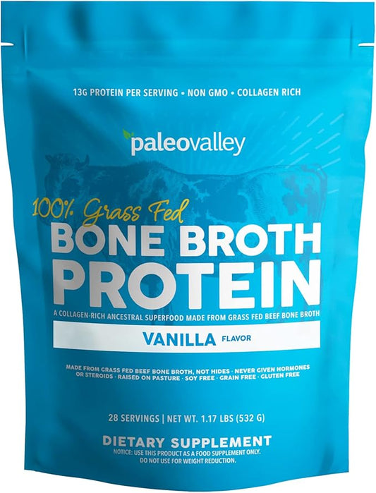 Paleovalley 100% Grass Fed Bone Broth Protein Powder - Vanilla - Rich in Collagen for Hair, Skin, Gut Health, Bone and Joint Support - 28 Servings