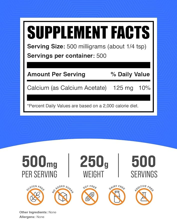 BulkSupplements.com Calcium Acetate Powder - Calcium Supplement, Calcium Acetate Supplement - Food Grade & Gluten Free, 500mg (125mg Calcium) per Serving, 250g (8.8 oz) (Pack of 1)