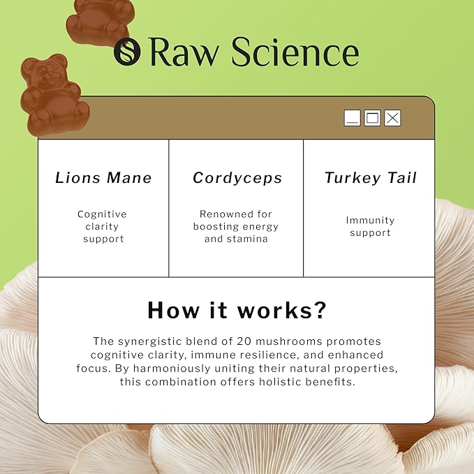 Mushrooms Complex Gummies with Lions Mane, Nootropic Brain Supplements for Memory and Focus: Lion's Mane, Cordyceps, Shiitake, Turkey Tail, Reishi, Chaga, Enoki, Oyster Mushroom Supplement - 60 Units