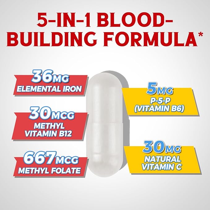 Iron Supplement for Women & Men, with Vitamins C, B6, B12 & Folate for Iron Deficiency, Blood Building & Energy Support, Stomach Friendly, Better Absorption, Non-GMO,No Gluten,120 Vegan Caps