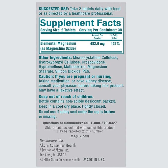 Mag-Ox Magnesium Supplement, Pharmaceutical Grade Magnesium Oxide 483mg, Most Concentrated Form of Magnesium, 120 Tablets
