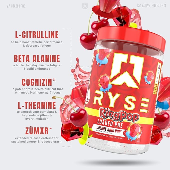 Ryse Loaded Pre Workout Powder Supplement for Men & Women | Pumps, Energy, Focus | Beta Alanine + Citrulline | 390mg Caffeine | 30 Servings (Cherry Ring Pop)