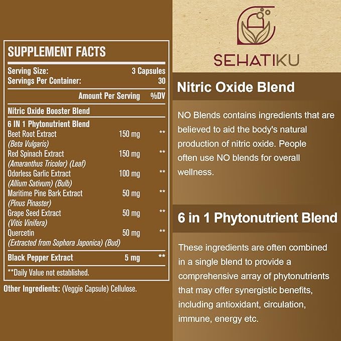 Nitric Oxide Supplement 2255 MG, Nitric Oxide Booster & 6-in-1 Phytonutrient Blend for Heart, Circulation, Immune - 90 Capsules (1 Bottle)