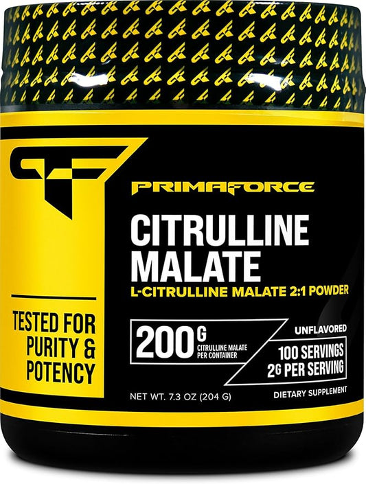 PrimaForce L-Citrulline Malate Powder, Unflavored Pre Workout Supplement, 200 grams - Boosts Energy, Aids Recovery, Enhances Strength Performance – Vegan, Non-GMO
