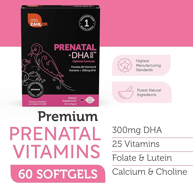 Zahler Prenatal Vitamin with DHA & Folate - DHA Supplements & Prenatal Multivitamin for Mother and Child - Kosher Prenatal DHA Prenatal Vitamins with Iron, Pre Natal Softgels 60 Count