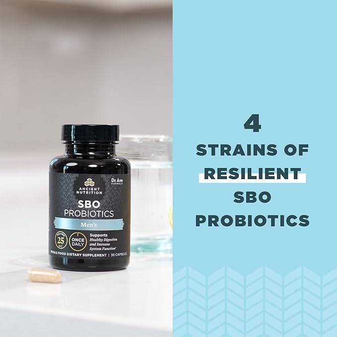 Probiotics for Men by Ancient Nutrition, SBO Probiotics Men's Once Daily 30 Ct, for Healthy Digestion and Immune System Function Support, 25 Billion CFUs* Per Serving